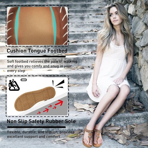 Women Flat Sandals Bohemian Rhinestone Comfort Summer Casual Outdoor - Picture 5 of 6